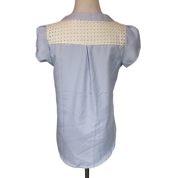 NEW NWT Blue & White Stripe Button Down Blouse Lace Detail Short Sleeve Top - Picture 5 of 7